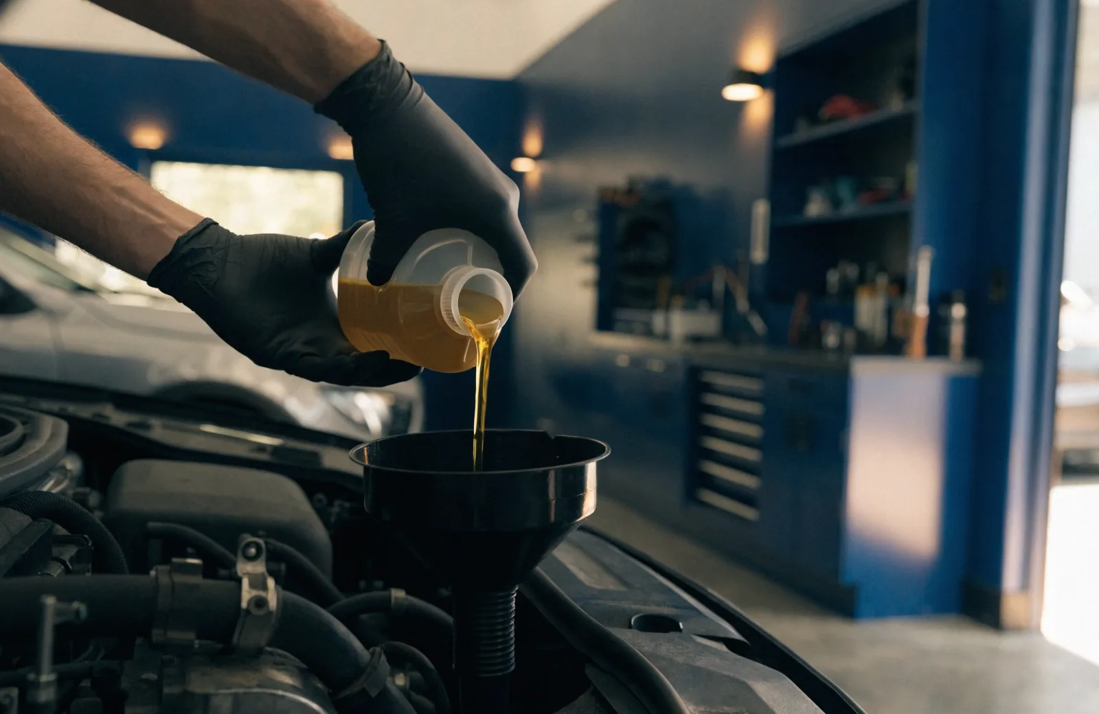 Fresh 0W-20 full synthetic oil poured through a funnel during a Honda oil change