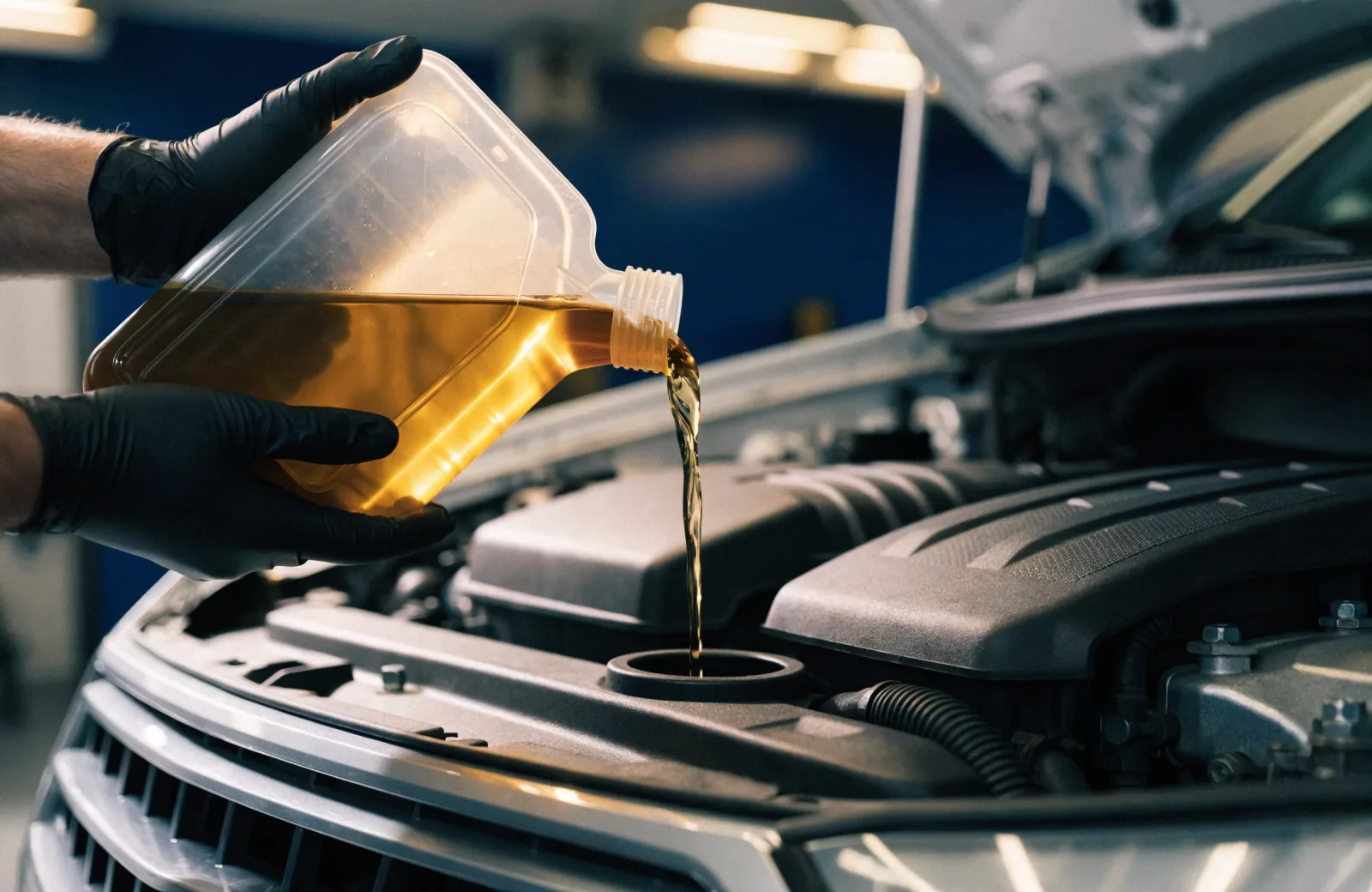 Fresh full synthetic oil poured into a Hyundai engine during a professional oil change