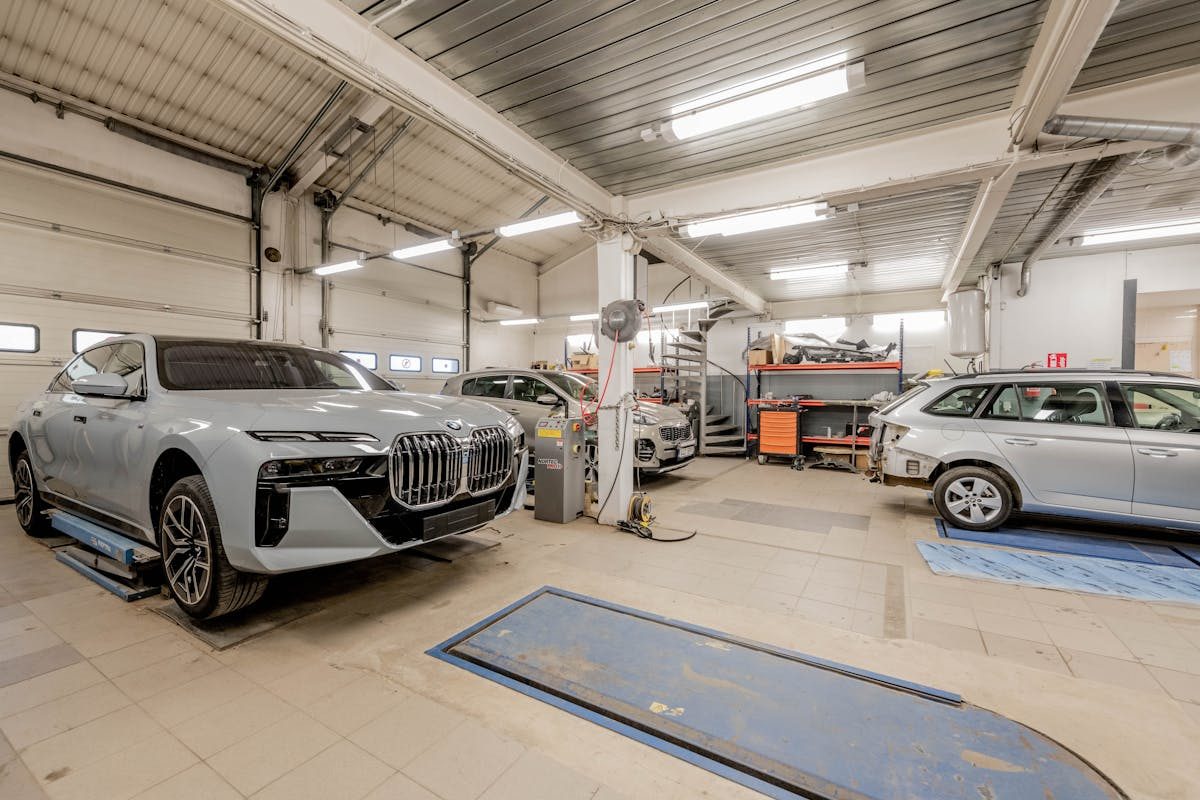 European luxury cars in a service garage