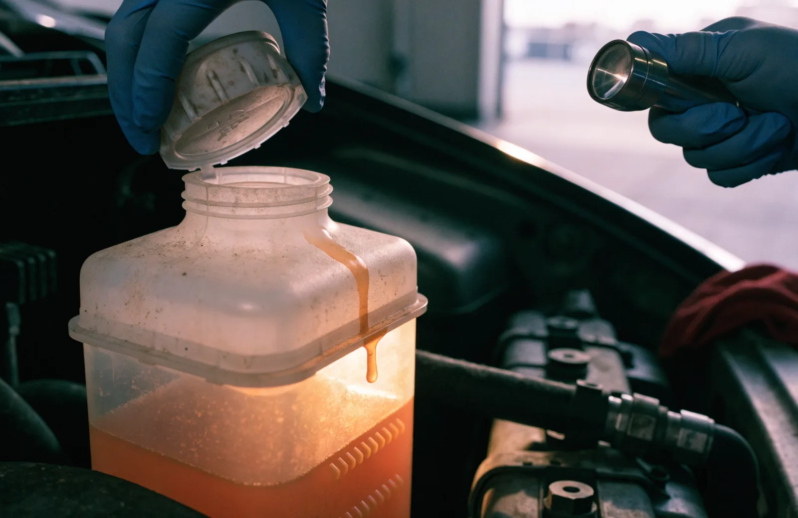 Coolant reservoir with the cap off and a flashlight on the level line during a coolant condition check