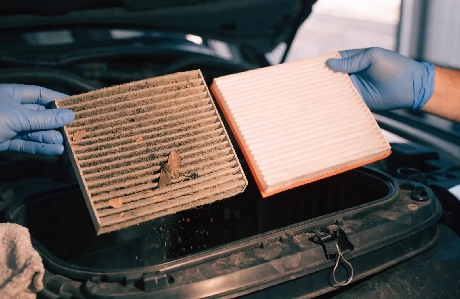 A dust-clogged engine air filter held next to a clean new one above an open airbox
