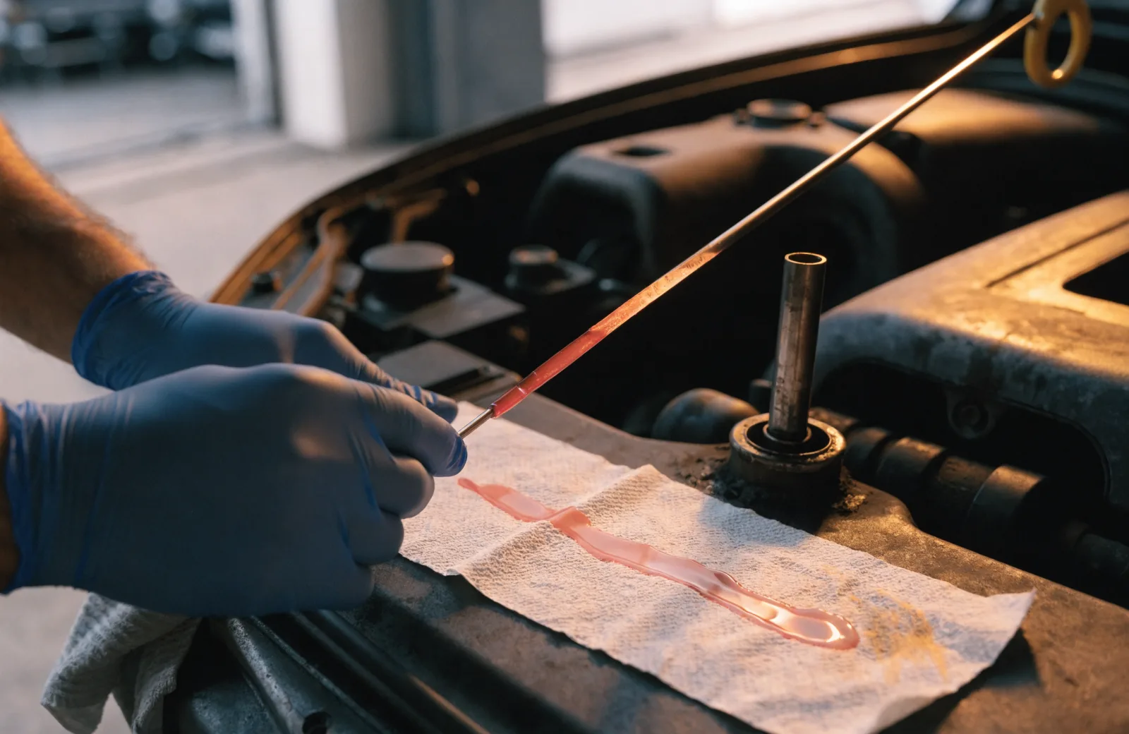 Technician wiping a transmission dipstick on a paper towel to check the fluid color before recommending a transmission fluid exchange