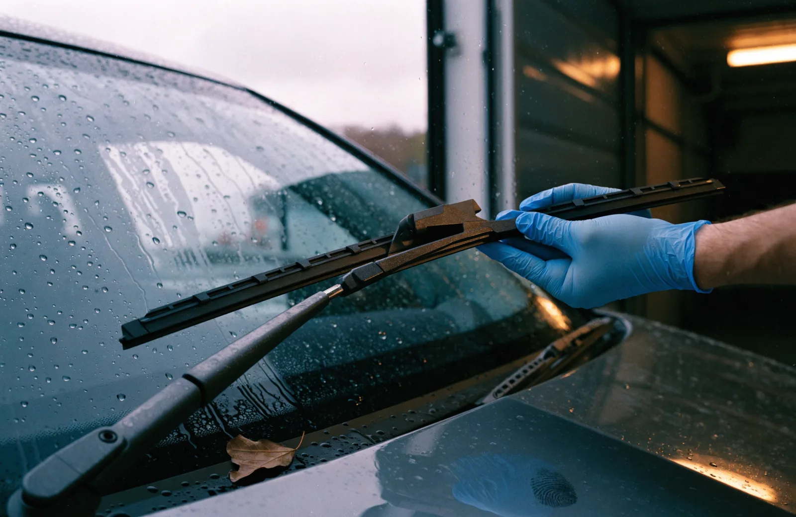 New wiper blade being clipped onto a lifted wiper arm over a rain-beaded windshield